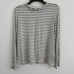 Kaileigh Womens Ruffle Neck Striped Long Sleeve Top Size L